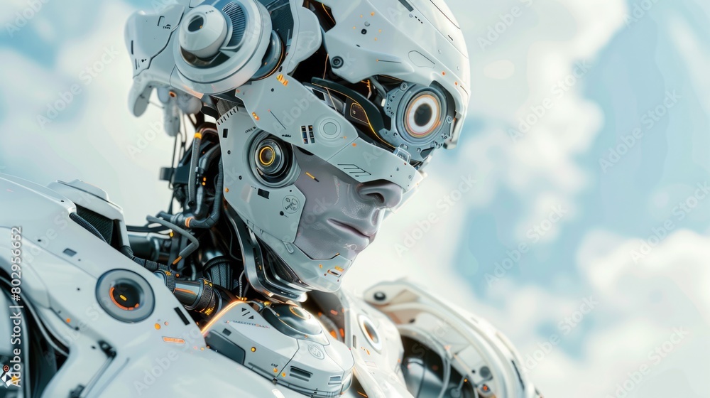 Poster a close up of a person wearing a robot suit. suitable for technology and science fiction themes