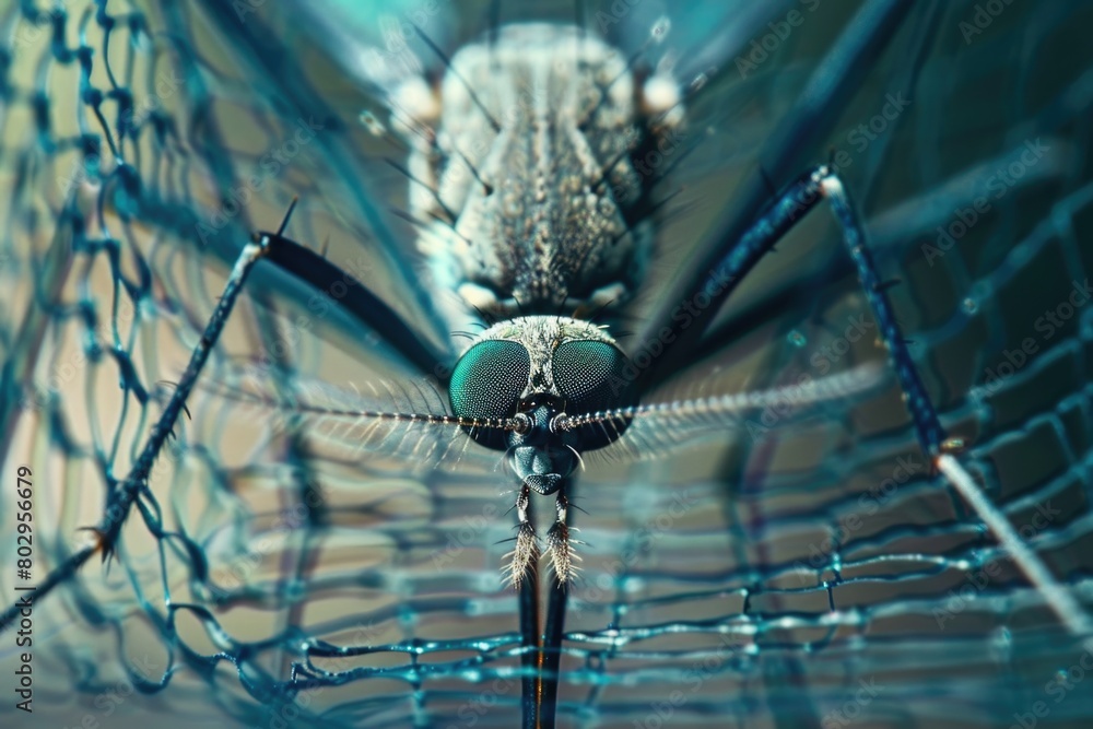 Poster Close up of a mosquito on a wire fence, suitable for pest control concepts