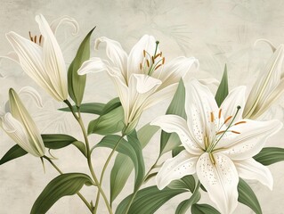 Fototapeta premium Classic illustration of lilies, featuring vintage botanical art style, perfect for a sophisticated floral display