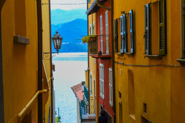 Italy, Varenna, 22.04.2024: Colorful town on Lake Como with small houses and narrow streets