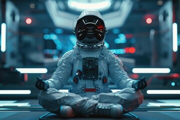 An astronaut in a space suit meditating. Suitable for space exploration concepts