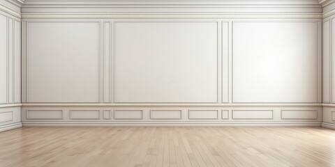 Fototapeta premium An empty room with white walls and a brown wooden floor.