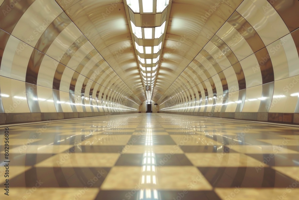 Poster a long hallway with a checkered floor and ceiling. suitable for interior design concepts
