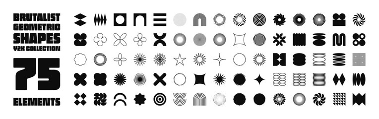 Brutalist geometric shapes, symbols. Simple primitive elements and forms. Retro design, trendy contemporary minimalist style, y2k. Vector illustration
