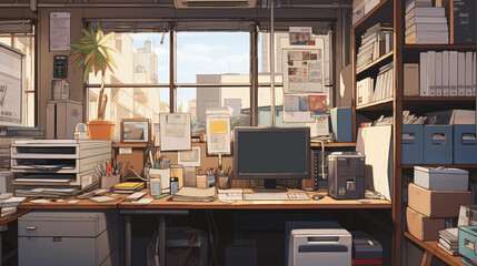 Home office studio desk overlooking urban skyline 2D cartoon illustration. Inspiring workspace lofi wallpaper background lo-fi art. Productive environment flat image cozy chill vibe