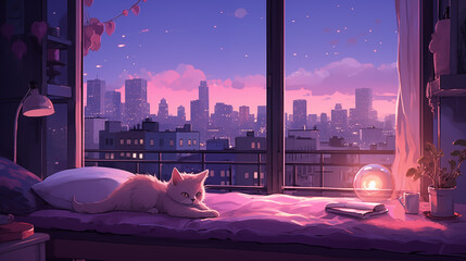Fluffy cat rests on bed with urban sunset window 2D cartoon illustration. City skyline during twilight lofi wallpaper background lo-fi art. Pet relaxation flat image cozy chill vibe