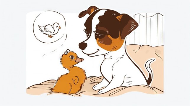   A drawing depicts a dog, duck on a bed, white wall backdrop & a bird in fg