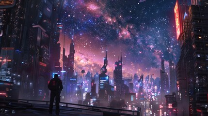 Imagine a rear view of a futuristic cityscape melting into an ethereal starlit sky