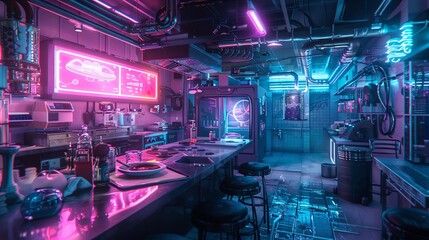 Imagine a cybernetic chef creating cosmic cuisine in a neon-soaked interstellar kitchen, fusing molecular gastronomy with bioluminescent elements for a sensory journey