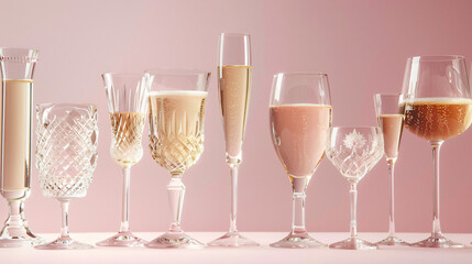 close up of multiple differently shaped beautiful, modern and elegant glasses of champagne, sparkling wine and other drinks