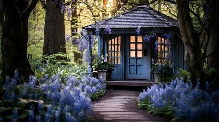 Fototapeta premium A serene blue gazebo nestled amidst a vibrant sea of purple flowers