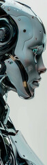 The image shows a close-up of a female robot's face