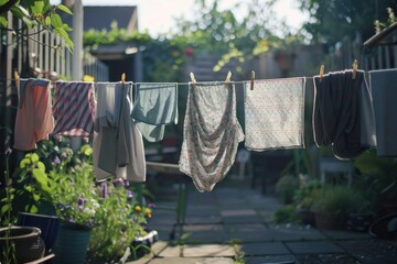 A line of clothes hanging on a clothesline. Suitable for laundry or household concepts