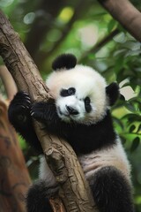 Obraz premium A cute panda bear sitting on a tree branch. Suitable for wildlife and nature concepts