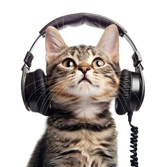 Music, earphones, cool animal concept Kitten listening to music Generative AI