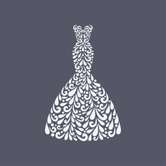 Mermaid silhouette wedding dress. Vector floral decoration made from swirl shapes. Fashion decorative gray and white illustration.