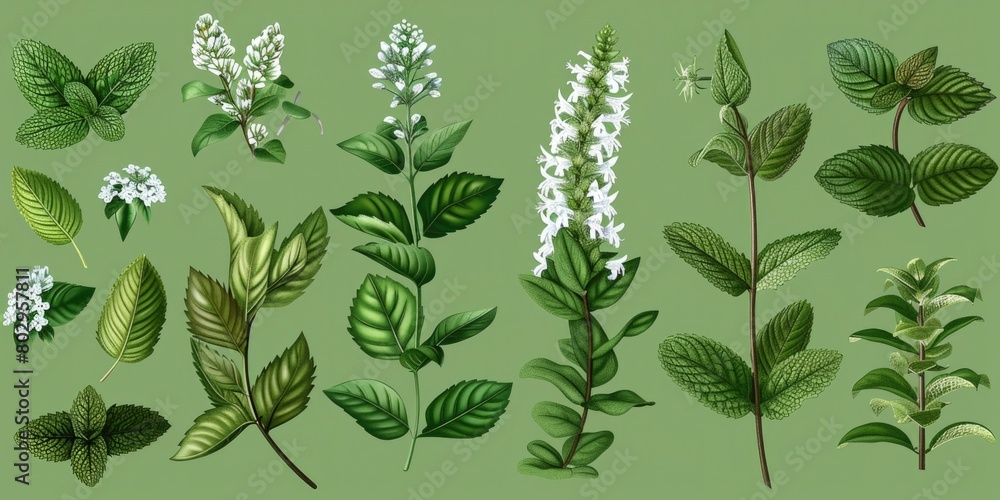 Poster a collection of different types of leaves on a vibrant green backdrop. ideal for nature and botanica