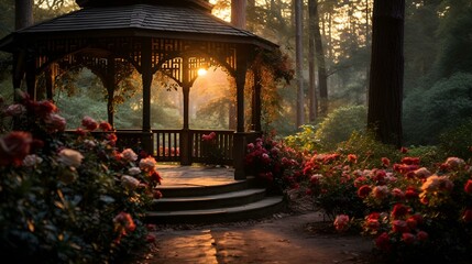 Obraz premium Sunset casts a golden glow on a charming gazebo surrounded by lush forest in the woods