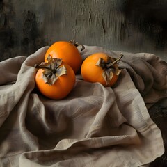 Close-up of ripe persimmons next to book on dark table front view, close-up
