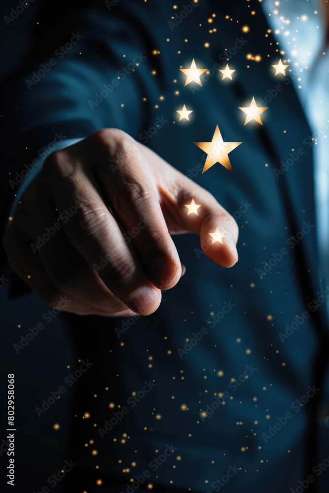 Poster a man in a suit pointing at a star. suitable for business concepts
