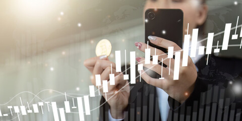 Businesswoman, investor, trade hold bitcoin convenient payment in global economy market. Virtual...