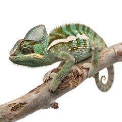 The Chamaeleon calyptras or veiled chameleon in front of a blank white background
