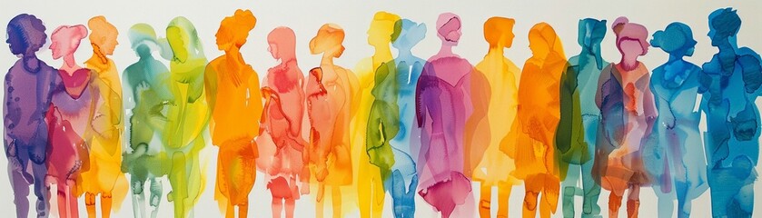 Community gathering depicted in colorful abstract silhouettes, celebrating unity and diversity