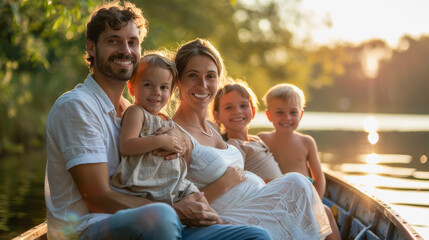 Happy family smiling in front of camera while sitting in boat during sunset time - Pregnant woman with husband and children outdoor - Models by AI generative