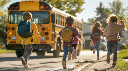 Group of children running to school bus - School transportation concept - Models by AI generative