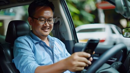 Smiling man in glasses using smartphone while sitting in the driver's seat of a car. Casual style, contemporary technology use. AI