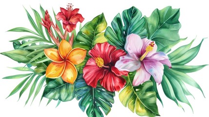 Vibrant watercolor painting of tropical flowers and leaves. Perfect for tropical-themed designs