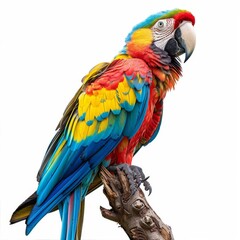 A brightly colored parrot perched on a tree in the tropical rainforest, The background will be pure white, facilitating easy background removal for further use