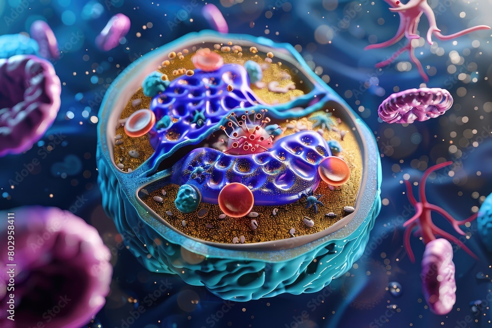 Poster a cell floating in the middle of a body of water. suitable for scientific and nature concepts