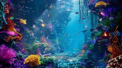 Craft a photorealistic 3D digital artwork of a romantic encounter in an underwater world