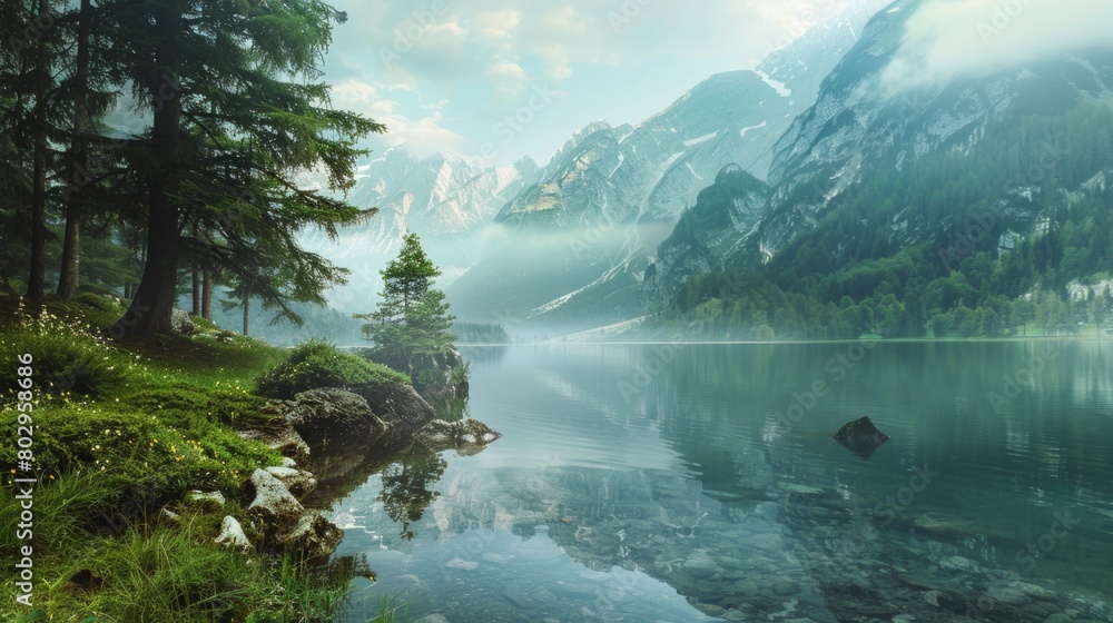 Poster tranquil scene of a lake surrounded by trees and mountains. ideal for travel and nature concepts