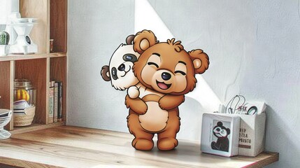   A brown  bear stands atop a wooden shelf alongside a panda bear figurine