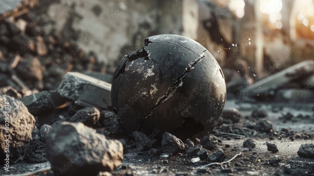 Poster a black ball sitting on top of a pile of rubble. suitable for various concepts