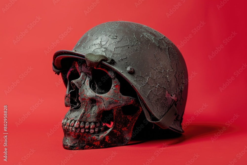 Poster A skull wearing a helmet on a vibrant red background. Perfect for safety and danger concepts