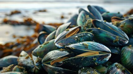 Fresh mussels on a bed of seaweed, perfect for seafood lovers and restaurant menus