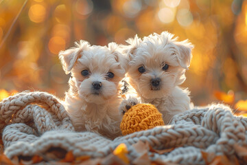 A pair of fluffy Maltese puppies playing with a squeaky toy in a sun-drenched garden, tails wagging with joy.