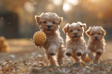 A pair of fluffy Maltese puppies playing with a squeaky toy in a sunlit garden, tails wagging furiously.