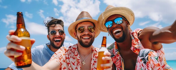 An image of group of three young men partying on the beach in the sun with bottles of beer wearing hats and sunglasses