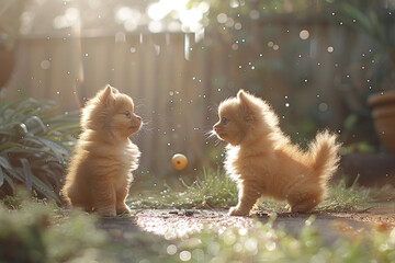 A pair of fluffy Pomeranian puppies playing with a ball in a sunlit garden, fluffy tails wagging...