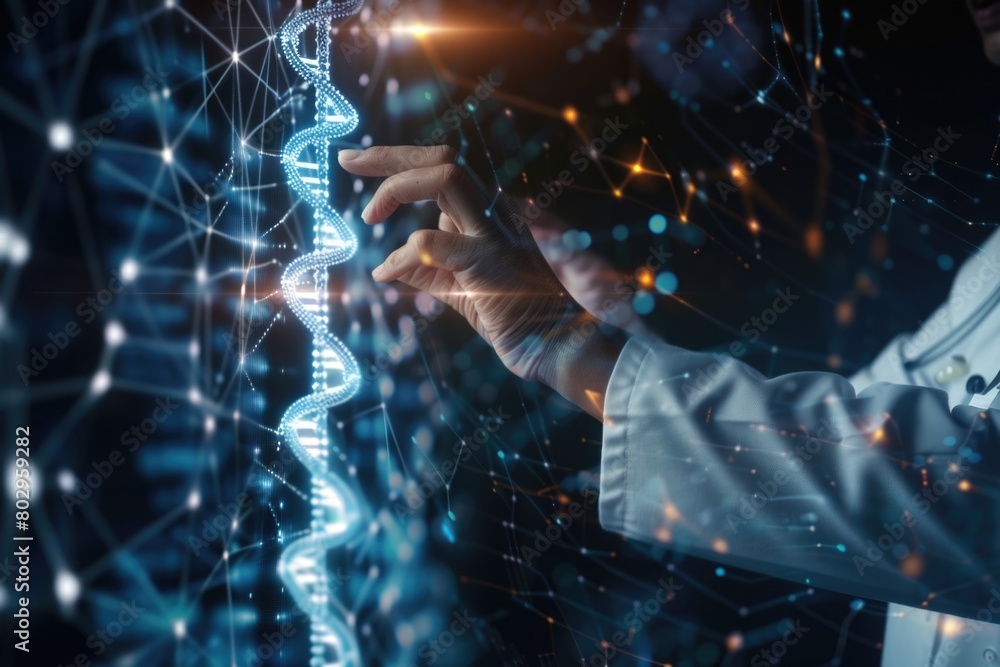 Poster a man in a lab coat holding a strand of dna. ideal for science and research concepts