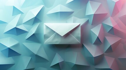 A white paper envelope with a geometrical 3D background with raised peaks, business concept, mock up