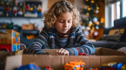 Little girl sorting and collect kid toys, clothes into boxes at home. Donations for charity, help low income families, declutter home, sell online, move to new home. Generative ai.