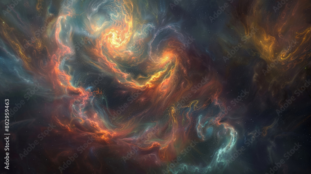 Poster dynamic abstract space backdrop with swirling hues and luminous highlights