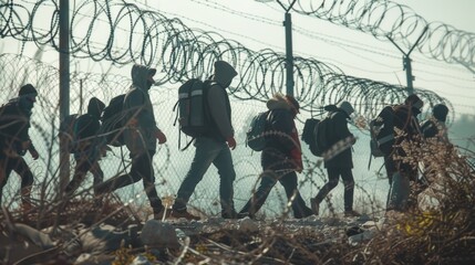 Group of people walking behind a barbed wire fence, suitable for social issues concept