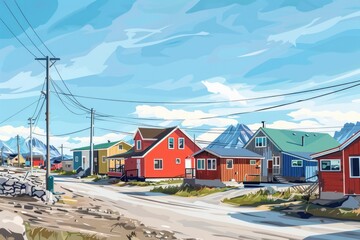 A picturesque painting of a charming small town street. Perfect for various design projects