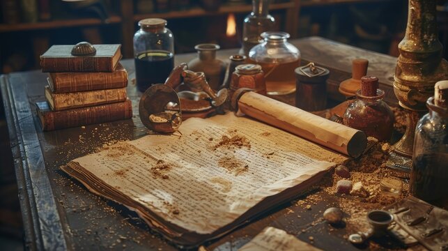 Detailed view of ancient alchemical texts and tools with a small furnace transforming substances into gold, emphasizing the blend of science and mysticism in alchemy